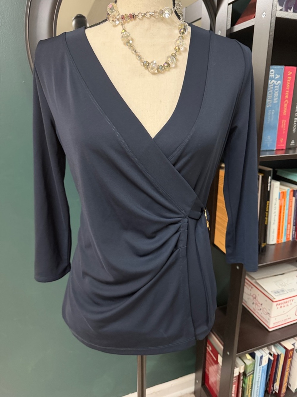 Navy Wrap-Style V-Neck Women’s Top
